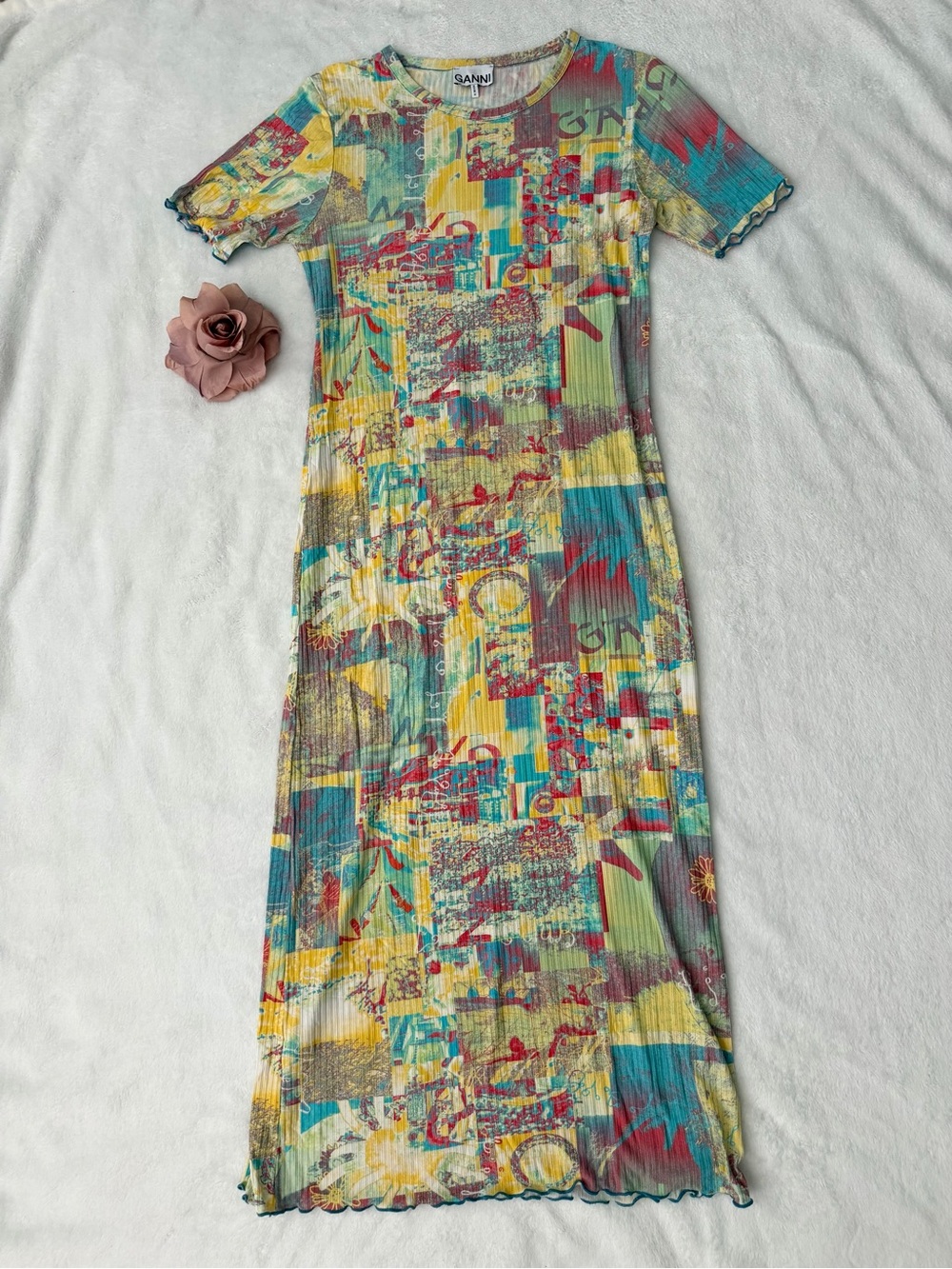 Ganni multi print ribbed yellow logo maxi dress XL